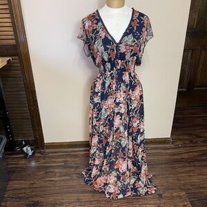 Kate &‎ Lily Dress Navy Floral Smocked Waist Cap Sleeve V-Neck Lined 6